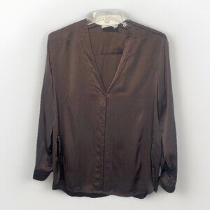 VINCE Womens Gray Silk Satin V Neck Long Sleeve Top Small Classic Minimalist